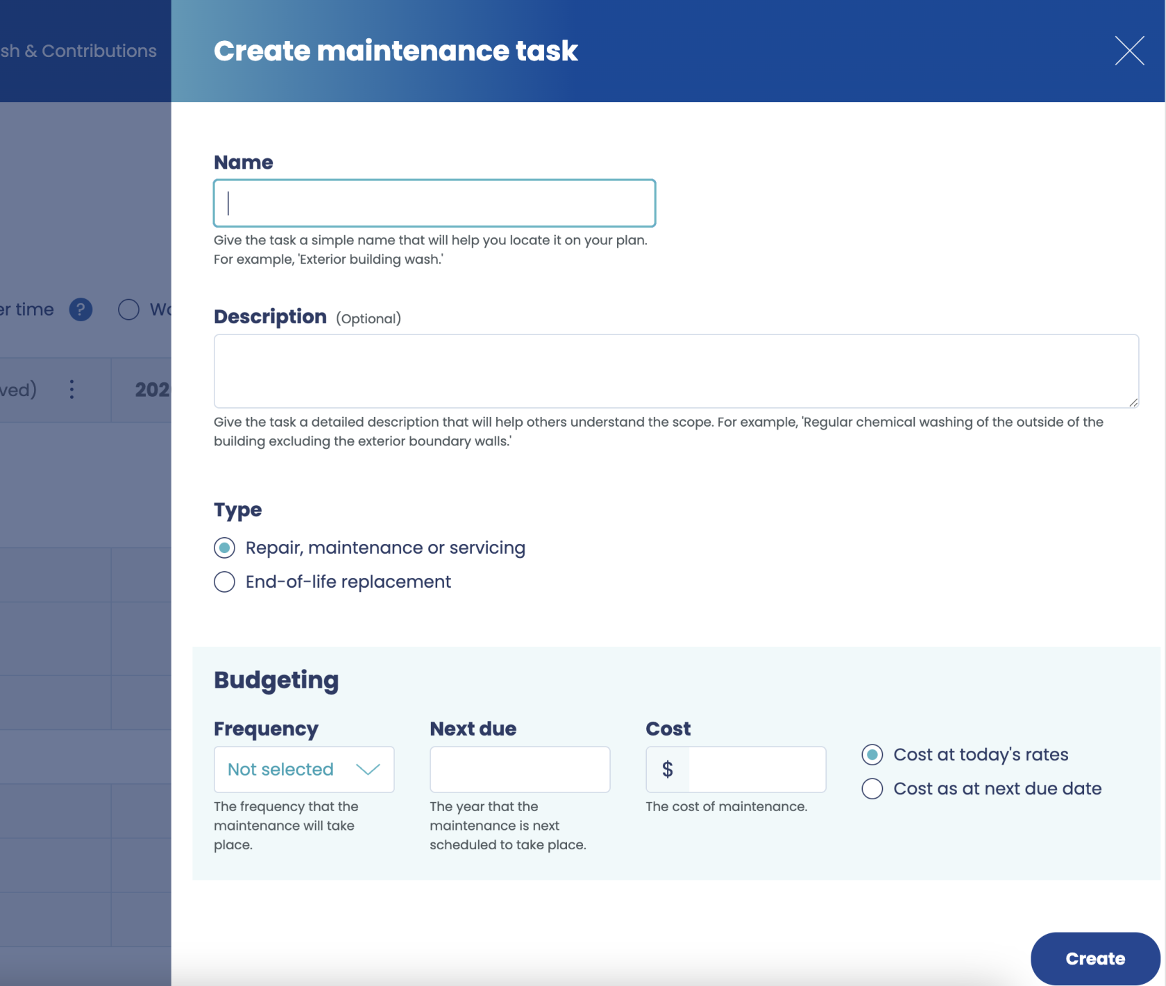 Create a task - Side panel